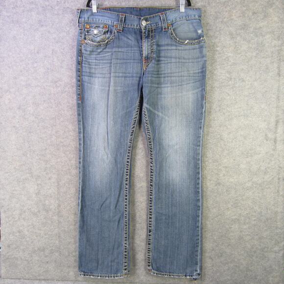 True Religion Jeans Mens 38 Blue Section Straight Distressed Flap Pockets Denim - Picture 1 of 14